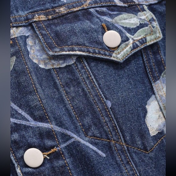 Boho Floral Print Pocket Denim Jeans Jacket Blue - Picture 3 of 4